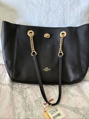 Coach Black Pebbled Leather Tote with Gold Chain Handles